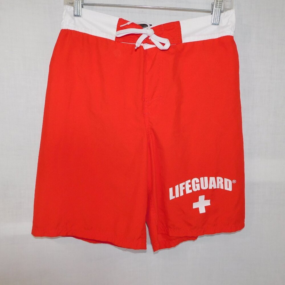 Lifeguard + Red White lined Board Shorts Swim Trunks Mens S